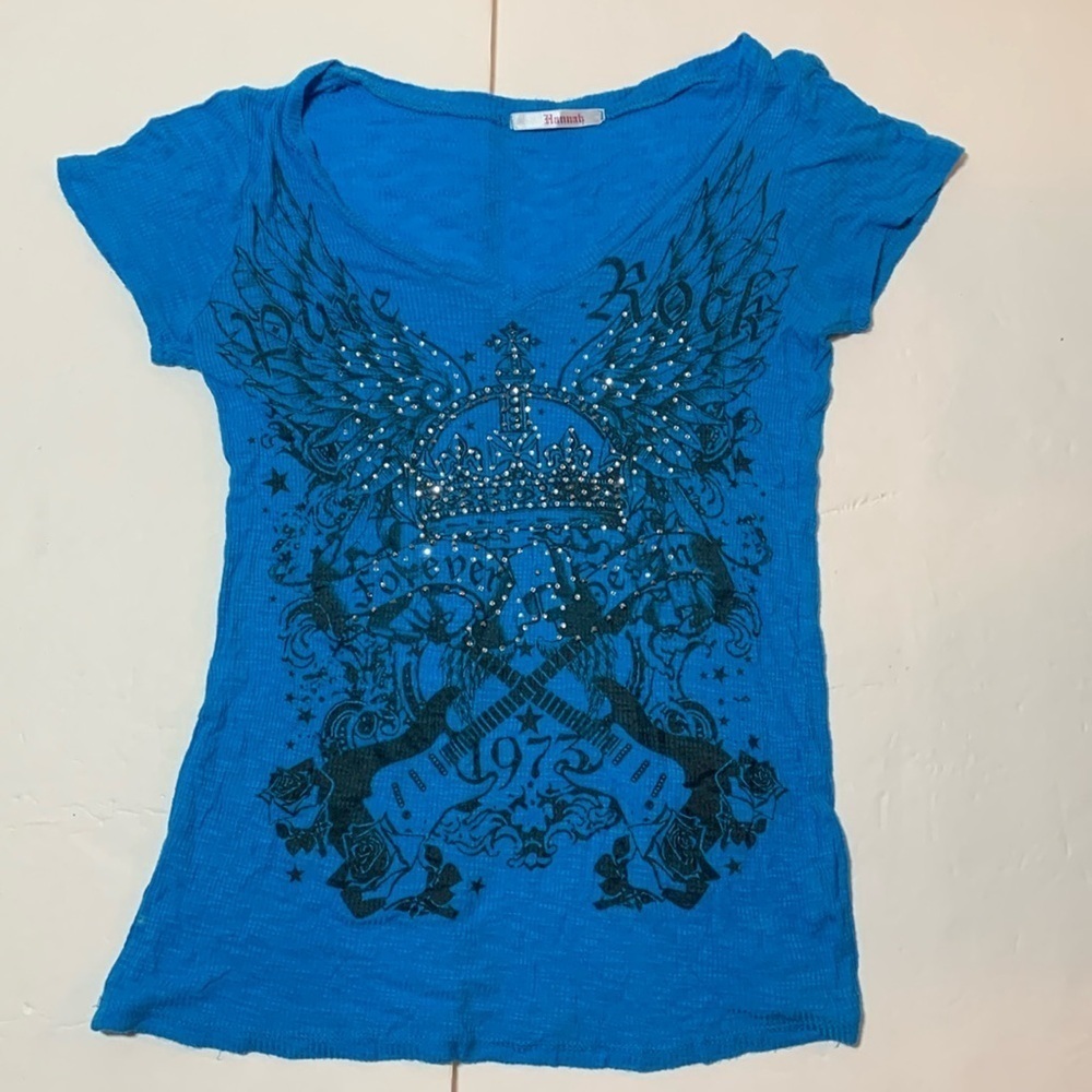 Y2k HANNAH Vintage Rhinestone T-Shirt Blue Pure Rock Graphic Sz S